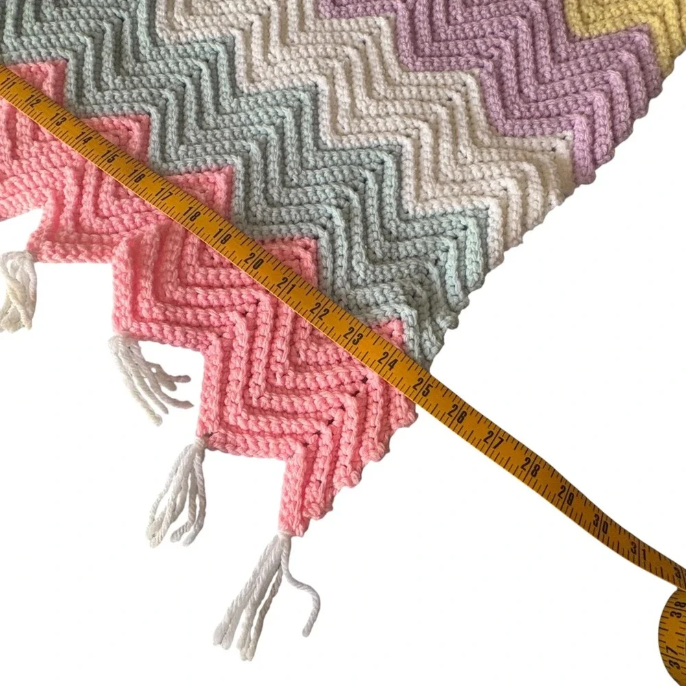 Handmade Crochet Pastel Rainbow Chevron Baby Blanket Tasseled Ripple Throw 24x39